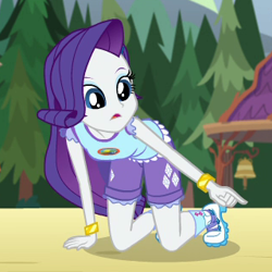 Size: 320x320 | Tagged: safe, screencap, rarity, equestria girls, legend of everfree, camp everfree outfits, cropped, female, looking at something, pointing, solo