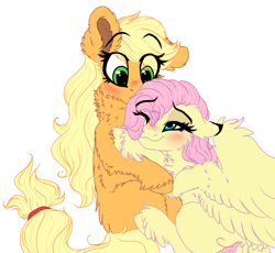 Size: 918x846 | Tagged: safe, artist:saphi-boo, applejack, fluttershy, earth pony, pegasus, pony, appleshy, blushing, chest fluff, ear fluff, female, fluffy, hug, lesbian, mare, shipping, unshorn fetlocks