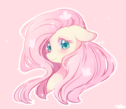 Size: 1900x1643 | Tagged: safe, artist:bakaccha, fluttershy, butterfly, pegasus, pony, blushing, bust, colored pupils, cute, female, floppy ears, looking at you, mare, pink background, portrait, shyabetes, simple background, solo, sparkles