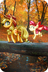 Size: 800x1200 | Tagged: safe, artist:tiffanymarsou, apple bloom, applejack, earth pony, pony, autumn, duo, sisters