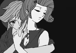 Size: 1024x720 | Tagged: safe, artist:eulicious, applejack, rarity, human, black and white, eyes closed, female, grayscale, hug, humanized, jewelry, lesbian, monochrome, rarijack, shipping, simple background