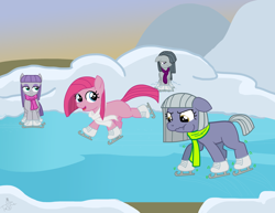 Size: 3300x2550 | Tagged: safe, artist:oneovertwo, limestone pie, marble pie, maud pie, pinkie pie, earth pony, pony, clothes, female, filly, ice skating, pie sisters, scarf, siblings, sisters, snow, younger