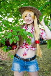 Size: 682x1024 | Tagged: safe, artist:chiffafoxy, applejack, human, apple, basket, belly button, clothes, cosplay, costume, daisy dukes, food, front knot midriff, irl, irl human, midriff, photo, shorts, smiling, solo