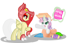 Size: 768x466 | Tagged: safe, artist:dsfranch, fluttershy, sweetie belle, pegasus, pony, elements of insanity, fight, fluttershout, magic, pillow