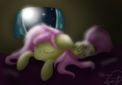 Size: 843x586 | Tagged: safe, artist:tinttone, fluttershy, pegasus, pony, eyes closed, floppy ears, folded wings, night, prone, sleeping, smiling, solo, window, wings