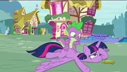 Size: 1920x1080 | Tagged: safe, derpibooru import, screencap, spike, twilight sparkle, twilight sparkle (alicorn), alicorn, dragon, pony, castle sweet castle, dragons riding ponies, female, male, mare, riding