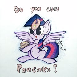 Size: 2448x2448 | Tagged: safe, artist:pelate, derpibooru import, twilight sparkle, twilight sparkle (alicorn), alicorn, pony, castle sweet castle, :p, butter, do you even lift, female, hoof hold, horn impalement, i'm pancake, mare, meme, pancakes, sitting, solo, spread wings, tongue out, traditional art