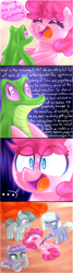 Size: 800x2976 | Tagged: safe, artist:siggie740, boulder (pet), gummy, limestone pie, marble pie, maud pie, pinkie pie, earth pony, pony, blank flank, comic, dialogue, existentialism, female, filly, gummy the deep thinker, lidded eyes, poking, prone, stick, worried