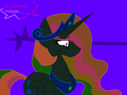 Size: 1076x806 | Tagged: safe, artist:eeveeglaceon, princess celestia, alicorn, pony, blue background, blue sun, civil war, color change, crying, darkened coat, divided equestria, female, heartbreak, invert princess celestia, inverted, inverted colors, inverted princess celestia, rainbow hair, sadness, sidemouth, simple background, solo, tumblr, tumblr:the sun has inverted, wide eyes, word balloon, word bubble