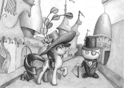 Size: 1575x1113 | Tagged: safe, artist:mortalflaw, dark moon, rarity, pony, unicorn, black and white, cane, canterlot, cutie mark, female, giant hat, graphite drawing, grayscale, hat, mare, monochrome, monocle, reddit, snoo, top hat, traditional art