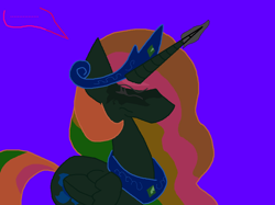 Size: 1076x806 | Tagged: safe, artist:eeveeglaceon, princess celestia, alicorn, pony, ..., betrayed, blue background, blue sun, civil war, color change, corrupted, darkened coat, divided equestria, female, glowing horn, indigo background, invert princess celestia, inverted, inverted colors, inverted princess celestia, possession, purple background, sadness, sidemouth, simple background, solo, tumblr, tumblr:the sun has inverted, word balloon, word bubble