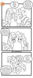 Size: 1300x3000 | Tagged: safe, artist:foxbeast, applejack, pinkie pie, soarin', earth pony, pony, comic:pie love, comic, hug, monochrome, pie, that pony sure does love pies