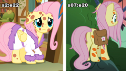 Size: 750x421 | Tagged: safe, screencap, fluttershy, pegasus, pony, a health of information, hurricane fluttershy, bathrobe, clothes, comparison, dressing gown, funny aneurysm moment, messy mane, pony pox, robe, saddle bag, sick, swamp fever