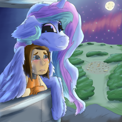 Size: 1584x1584 | Tagged: safe, artist:firefanatic, princess celestia, human, aurora, comforting, crying, fluffy, forest, hug, momlestia, moon, mountain, night, stars, train tracks, village, window, winghug