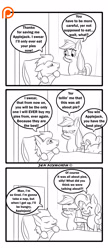 Size: 1300x3000 | Tagged: safe, artist:foxbeast, applejack, pinkie pie, soarin', earth pony, pony, comic:pie love, applejack is not amused, bed, comic, frown, hospital, male, monochrome, on back, one sided shipping, patreon, patreon logo, pie, shipping, soarinjack, straight, that pony sure does love pies, unamused