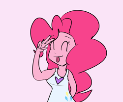 Size: 1024x853 | Tagged: safe, artist:umbraamethyst, pinkie pie, equestria girls, clothes, dress, eyes closed, pink background, simple background, solo, tongue out