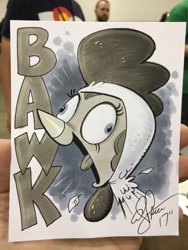 Size: 768x1024 | Tagged: safe, artist:andypriceart, pinkie pie, pony, andy you magnificent bastard, animal costume, bawk, chicken pie, chicken suit, clothes, costume, derp, partial color, pinkie being pinkie, pinkie derp, traditional art