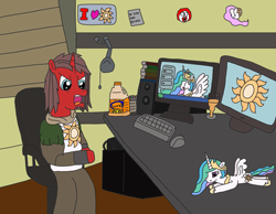 Size: 3293x2550 | Tagged: safe, artist:supahdonarudo, princess celestia, oc, oc:ironyoshi, pony, chair, clothes, clown, computer, computer monitor, computer mouse, cosplay, costume, cup, dark souls, juice, keyboard, lamp, orange juice, plot, plushie, sitting, solaire of astora, speakers, sunny d, table