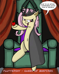 Size: 2400x3000 | Tagged: safe, artist:saburodaimando, fluttershy, bat pony, vampire, apple, belly button, castlevania, crown, flutterbat, food, jewelry, queen, race swap, regalia, splatfest, splatoon, splatoon 2, symphony of the night, throne, what is a man