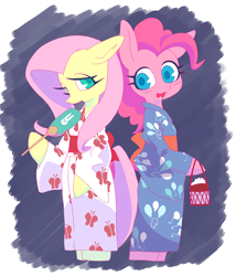 Size: 600x701 | Tagged: safe, artist:8->, fluttershy, pinkie pie, pegasus, pony, bipedal, clothes, hand fan, kimono (clothing), pixiv, yukata