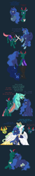 Size: 2124x10528 | Tagged: safe, artist:pastel-charms, nightmare moon, pharynx, princess celestia, princess luna, thorax, oc, oc:larynx, alicorn, changedling, changeling, pony, armor, changedling brothers, clothes, comic, dress, female, king thorax, lunarynx, magic, male, nuzzling, prince pharynx, prone, shipping, straight, sword, weapon