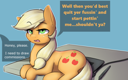 Size: 2400x1500 | Tagged: safe, artist:captainpudgemuffin, applejack, earth pony, pony, applecat, behaving like a cat, captainpudgemuffin is trying to murder us, cute, dialogue, jackabetes, offscreen character, on side, open mouth, pony pet, prone, sassy, silly, silly pony, solo, speech bubble, table, tablet, who's a silly pony