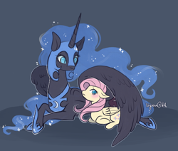 Size: 700x594 | Tagged: safe, artist:kiyoon, fluttershy, nightmare moon, alicorn, pegasus, pony, blushing, crack shipping, female, fluttermoon, horseshoes, hug, lesbian, mare, nicemare moon, prone, shipping, winghug