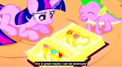 Size: 849x471 | Tagged: safe, derpibooru import, screencap, spike, twilight sparkle, dragon, meme, youtube caption