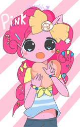 Size: 824x1300 | Tagged: safe, artist:chametzkiwi, pinkie pie, anthro, bow, clothes, heart, heart pillow, pillow, solo