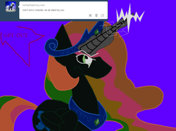 Size: 1076x806 | Tagged: safe, artist:eeveeglaceon, princess celestia, alicorn, pony, angry, ask, betrayal, blue background, blue sun, civil war, color change, correstia, corrupted, corrupted celestia, corruptia, darkened coat, divided equestria, female, glowing horn, green eye, implied fight, indigo background, insanity, inversion spell, invert princess celestia, inverted, inverted colors, inverted princess celestia, possessed, possession, possesstia, purple background, rage, rainbow hair, sidemouth, simple background, solo, tumblr, tumblr:the sun has inverted, violet background, word balloon, word bubble