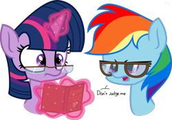 Size: 4594x3195 | Tagged: safe, artist:juisedrop, derpibooru import, rainbow dash, twilight sparkle, pegasus, pony, adorkable, book, cute, dork, glasses, magic, rainbow dash always dresses in style