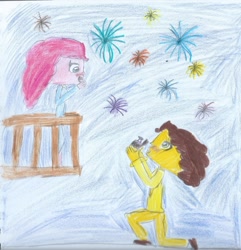 Size: 1570x1629 | Tagged: safe, artist:brittany-the-ppg, cheese sandwich, pinkie pie, human, cheesepie, female, fireworks, humanized, male, marriage proposal, shipping, straight, traditional art