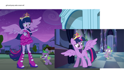 Size: 1920x1080 | Tagged: safe, derpibooru import, edit, screencap, spike, twilight sparkle, twilight sparkle (alicorn), alicorn, dog, equestria girls, equestria girls (movie), big crown thingy, boots, comparison, crown, fall formal outfits, high heel boots, jewelry, ponied up, ponytail, reference, regalia, size comparison, sparkles, spike the dog, twilight ball dress, wings