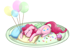 Size: 1024x666 | Tagged: safe, artist:sisitowe, pinkie pie, earth pony, pony, balloon, cupcake, eyes closed, female, food, mare, prone, simple background, sleeping, solo, transparent background