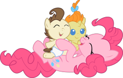 Size: 4831x3068 | Tagged: safe, artist:laberoon, pinkie pie, pound cake, pumpkin cake, pony, baby cakes, cute, diapinkes, eyes closed, happy, high res, on back, simple background, transparent background, vector