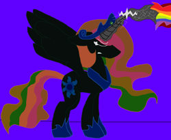 Size: 1280x1049 | Tagged: safe, artist:eeveeglaceon, princess celestia, alicorn, pony, angry, beam struggle, blast, blue background, blue sun, civil war, color change, correstia, corrupted, corrupted celestia, corruptia, darkened coat, divided equestria, eyes closed, female, fight, glowing horn, gritted teeth, indigo background, insanity, inversion attempt, inversion spell, invert princess celestia, inverted, inverted colors, inverted princess celestia, magic, magic aura, magic beam, magic blast, multicolored magic, possessed, possesstia, purple background, rage, rainbow, rainbow hair, rainbow magic aura, rainbow magic beam, rainbow magic blast, rainbow magic power, rainbow power, reversal attempt, reversion attempt, sidemouth, simple background, solo, tumblr, tumblr:the sun has inverted