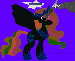 Size: 1280x1049 | Tagged: safe, artist:eeveeglaceon, princess celestia, alicorn, pony, angry, beam struggle, blast, blue background, blue sun, civil war, color change, correstia, corrupted, corrupted celestia, corruptia, darkened coat, divided equestria, female, fight, follower count, followers, glowing eyes, glowing horn, indigo background, insanity, inversion attempt, inversion spell, invert princess celestia, inverted, inverted colors, inverted princess celestia, magic, magic aura, magic beam, magic blast, possessed, possesstia, purple background, rage, rainbow hair, sidemouth, simple background, solo, tumblr, tumblr:the sun has inverted