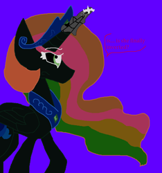 Size: 847x906 | Tagged: safe, artist:eeveeglaceon, princess celestia, alicorn, pony, blue background, blue sun, civil war, color change, concerned, correstia, corrupted, corrupted celestia, corruptia, darkened coat, divided equestria, female, glowing horn, green eye, indigo background, invert princess celestia, inverted, inverted colors, inverted princess celestia, possessed, possesstia, purple background, rainbow hair, sidemouth, simple background, solo, tumblr, tumblr:the sun has inverted, violet background, word balloon, word bubble