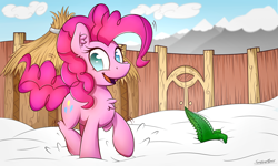 Size: 2000x1200 | Tagged: safe, artist:sentireaeris, gummy, pinkie pie, earth pony, pony, not asking for trouble, chest fluff, female, mare, smiling, snow