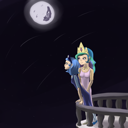 Size: 2000x2000 | Tagged: safe, artist:nekosammsi, princess celestia, princess luna, human, balcony, crown, female, humanized, jewelry, moon, night, regalia, shooting star, sisters