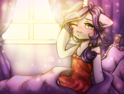 Size: 2500x1900 | Tagged: safe, artist:zefirka, rarity, pony, unicorn, alternate hairstyle, blushing, clothes, female, mare, one eye closed, solo, sun, sunlight, waking up