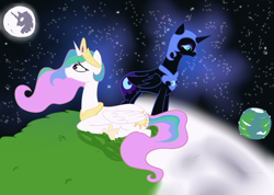 Size: 3299x2351 | Tagged: safe, artist:nekosammsi, nightmare moon, princess celestia, alicorn, pony, banishment, crown, earth, female, grass, jewelry, lying down, moon, regalia, sad, space, stars