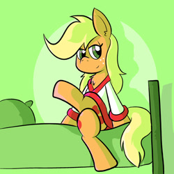 Size: 576x576 | Tagged: safe, artist:pembroke, applejack, earth pony, pony, bed, clothes, crossed legs, looking at you, solo