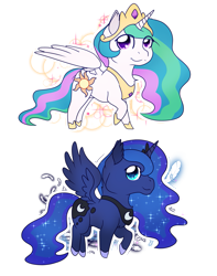 Size: 1447x1834 | Tagged: safe, artist:8bitgalaxy, princess celestia, princess luna, alicorn, pony, chibi, crown, digital art, ethereal mane, female, jewelry, looking up, mare, necklace, peytral, raised hoof, regalia, simple background, sisters, smiling, spread wings, transparent background, wings