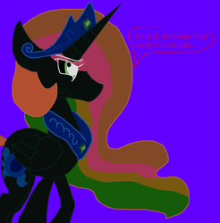 Size: 847x862 | Tagged: safe, artist:eeveeglaceon, princess celestia, alicorn, pony, betrayed, blue background, blue sun, civil war, color change, correstia, corrupted, corrupted celestia, corruptia, darkened coat, disappointed, divided equestria, female, green eye, indigo background, invert princess celestia, inverted, inverted colors, inverted princess celestia, possessed, possesstia, purple background, rainbow hair, sad, sadness, sidemouth, simple background, solo, tumblr, tumblr:the sun has inverted, violet background, word balloon, word bubble