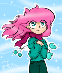 Size: 402x477 | Tagged: safe, artist:sugarcloud12, fluttershy, human, clothes, humanized, mittens, solo, sweater, sweatershy, winter