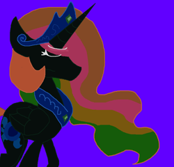 Size: 847x813 | Tagged: safe, artist:eeveeglaceon, princess celestia, alicorn, pony, betrayed, blue background, blue sun, civil war, color change, correstia, corrupted, corrupted celestia, corruptia, darkened coat, disappointed, divided equestria, eyes closed, female, indigo background, invert princess celestia, inverted, inverted colors, inverted princess celestia, possessed, possesstia, purple background, rainbow hair, sad, sadness, sidemouth, simple background, solo, tumblr, tumblr:the sun has inverted, violet background