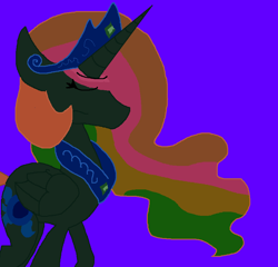 Size: 847x813 | Tagged: safe, artist:eeveeglaceon, princess celestia, alicorn, pony, betrayed, blue background, blue sun, civil war, color change, darkened coat, disappointed, divided equestria, eyes closed, female, indigo background, invert princess celestia, inverted, inverted colors, inverted princess celestia, purple background, rainbow hair, sad, sadness, sidemouth, simple background, solo, tumblr, tumblr:the sun has inverted, violet background