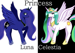 Size: 1191x839 | Tagged: safe, artist:タツオ, princess celestia, princess luna, alicorn, pony, crown, duo, female, jewelry, mare, regalia, royal sisters