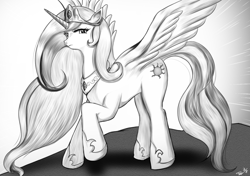 Size: 1191x839 | Tagged: safe, artist:タツオ, princess celestia, alicorn, pony, crown, female, glare, jewelry, mare, monochrome, regalia, solo